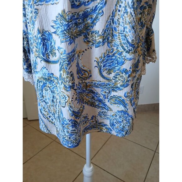 Democracy Womens Blouse Flared Sleeve Blue Paisley  Bohemian Top 1X  Peasant - Picture 9 of 16
